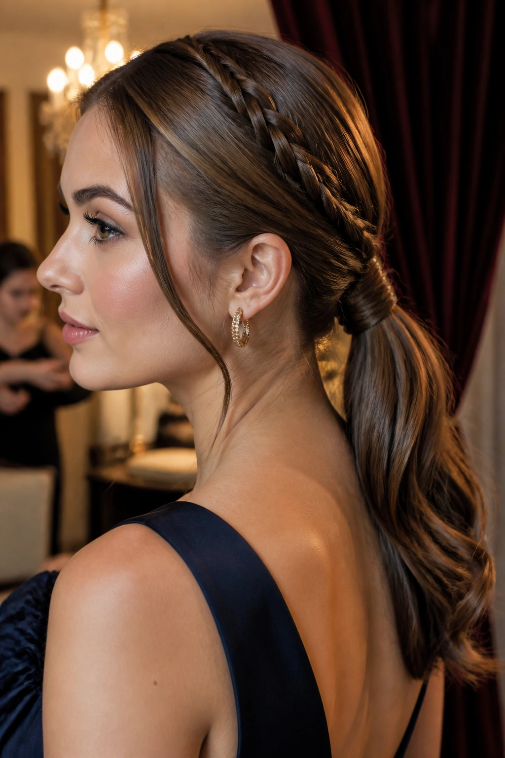 Close-up of a real woman with a rope-braid crown and low ponytail, polished evening hairstyle