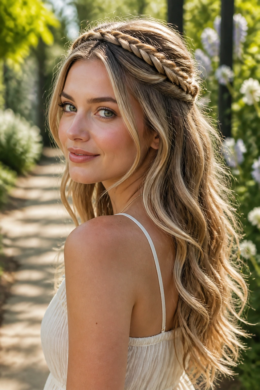 Close-up portrait of a real woman with rope braid crown waves