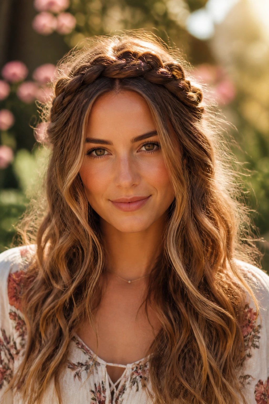 Woman with rope-braided crown waves and loose hair