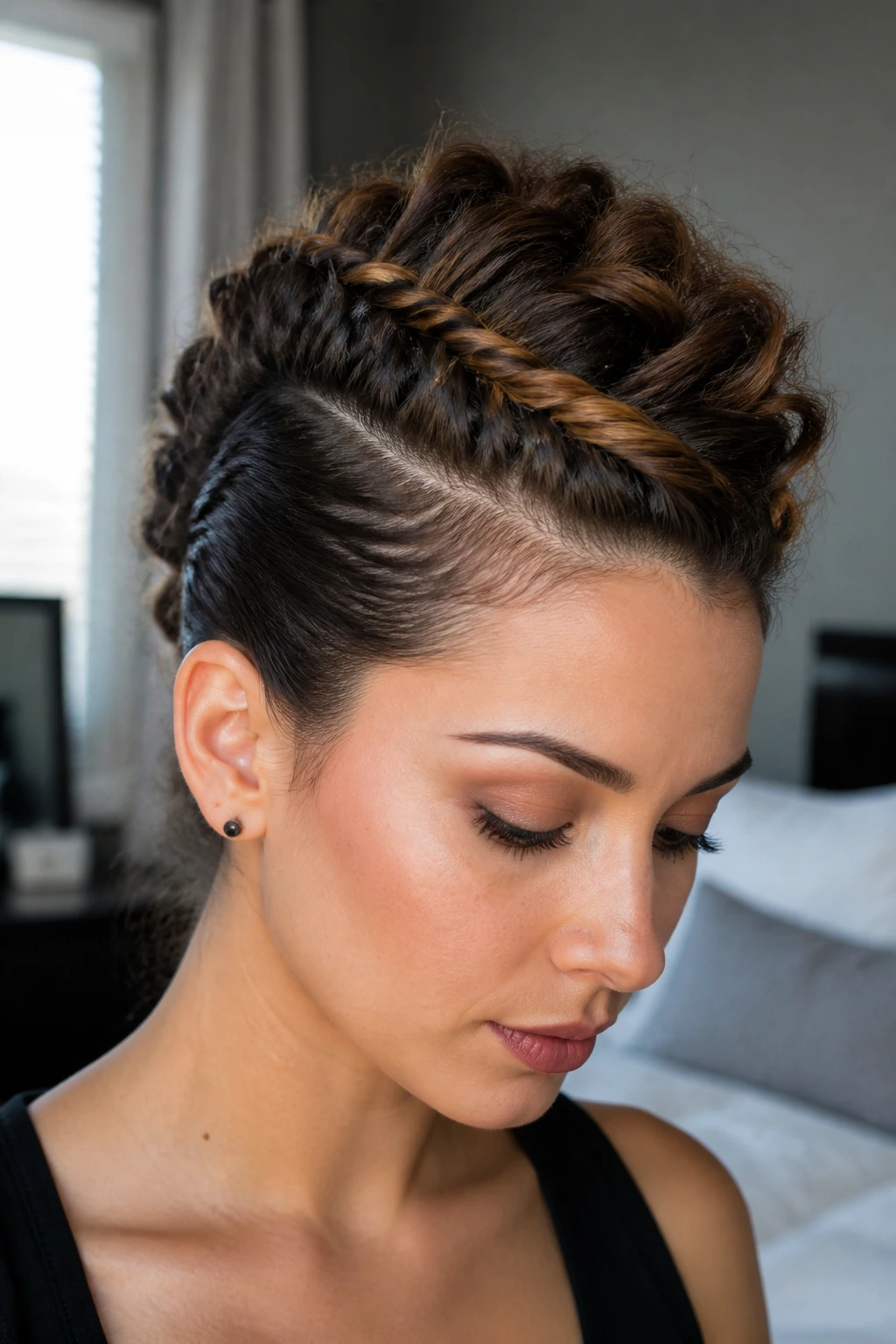 Close-up of a real woman with rope braid faux hawk, rope twists framing a lifted ridge