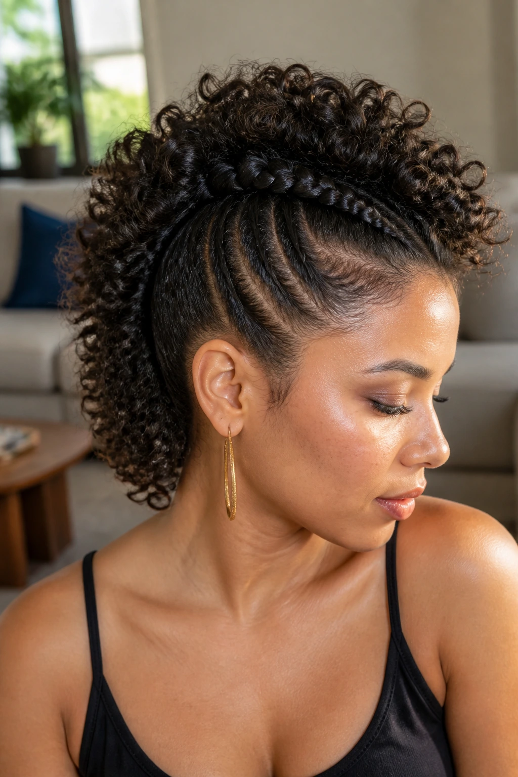 Close-up of rope-braid ridge faux hawk on real person in living room light