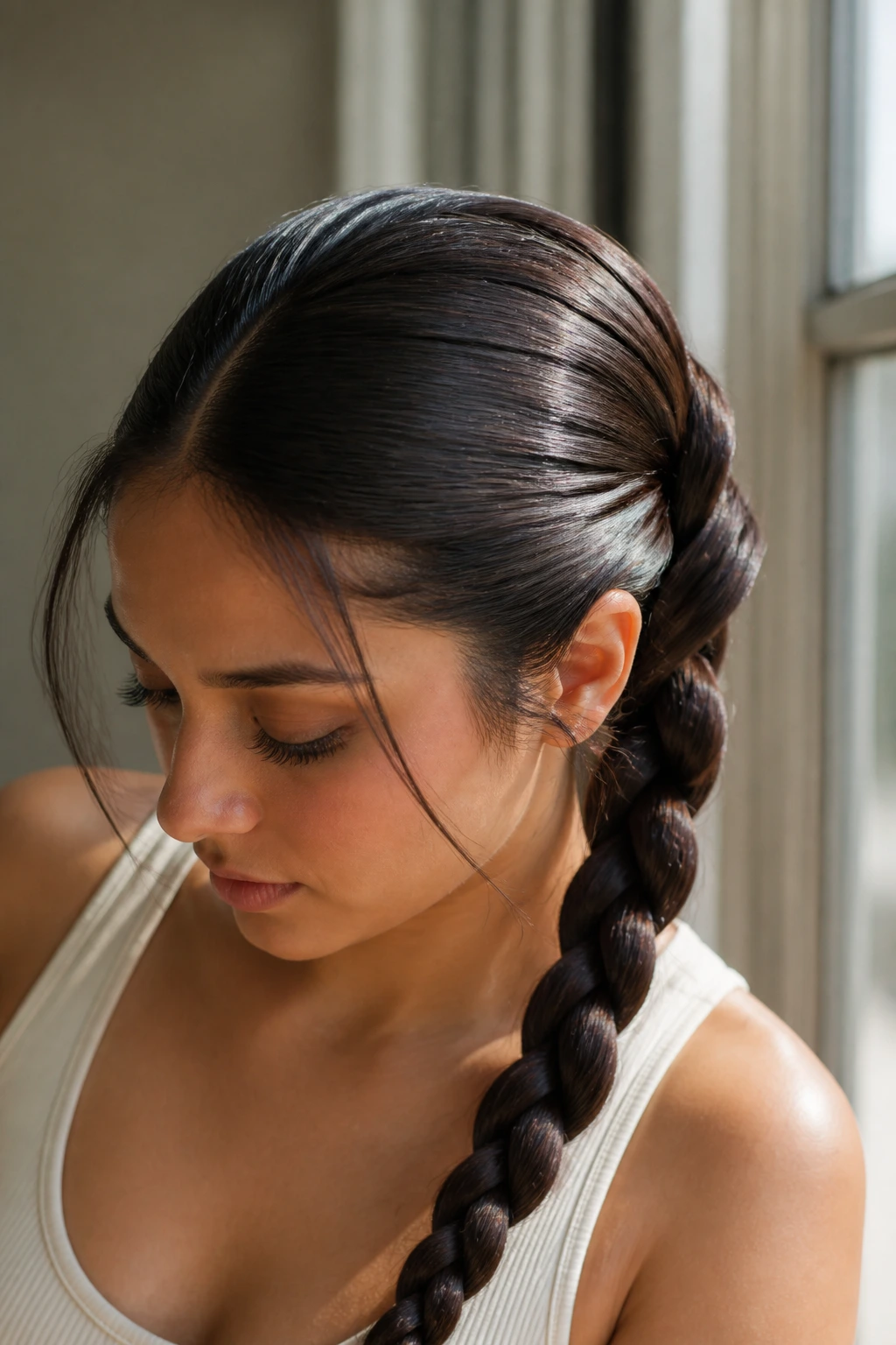 Close-up of a real woman with glossy rope braid twisted look