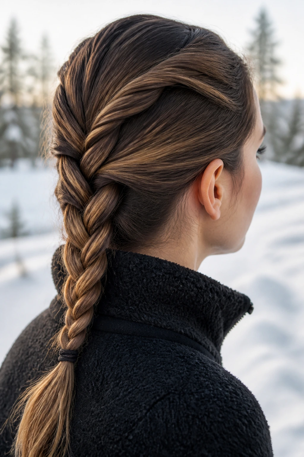 Close-up of a woman with a rope braid hairstyle