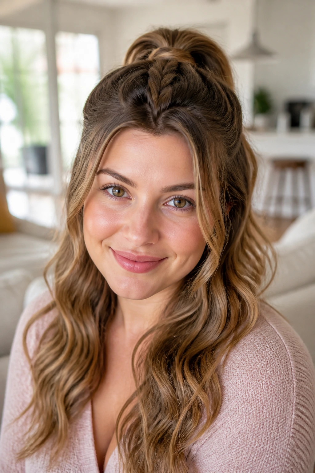 Close-up portrait of a real woman displaying a rope braid half pony at crown with loose waves