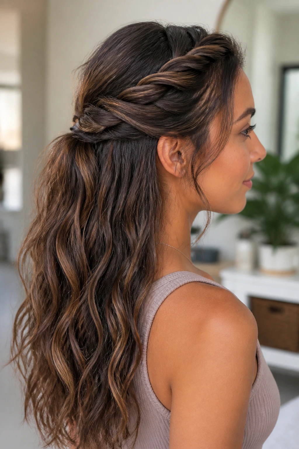 Side profile of a real woman with a rope-braid half pony hairstyle
