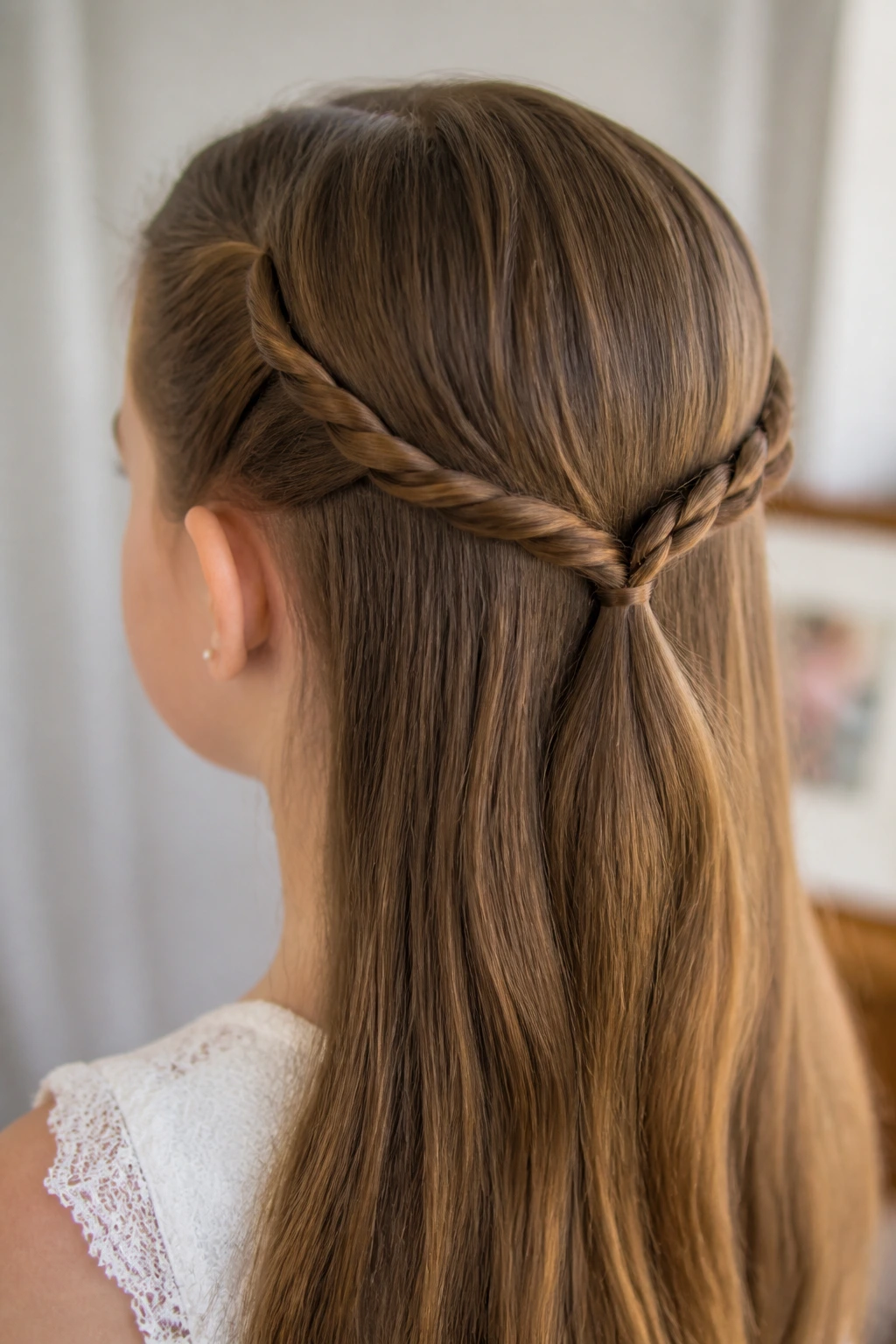 Close-up of a real girl with rope braids twisted on each side into a half-up.