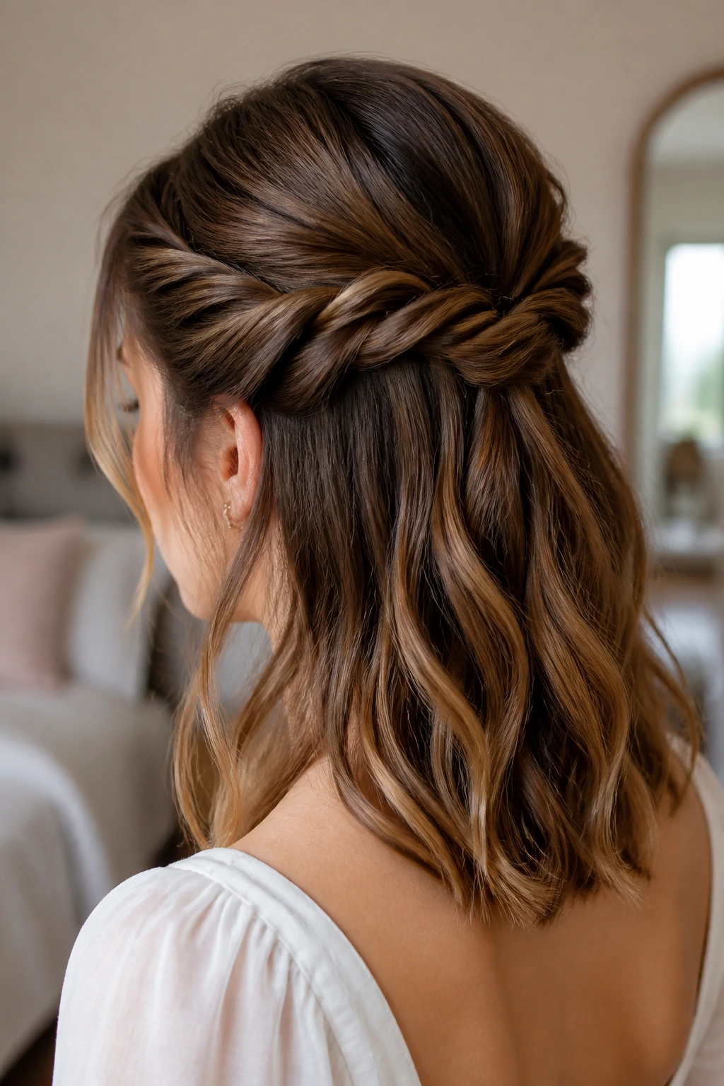 Close-up of a real woman with two rope twists pulled back into a half-up style