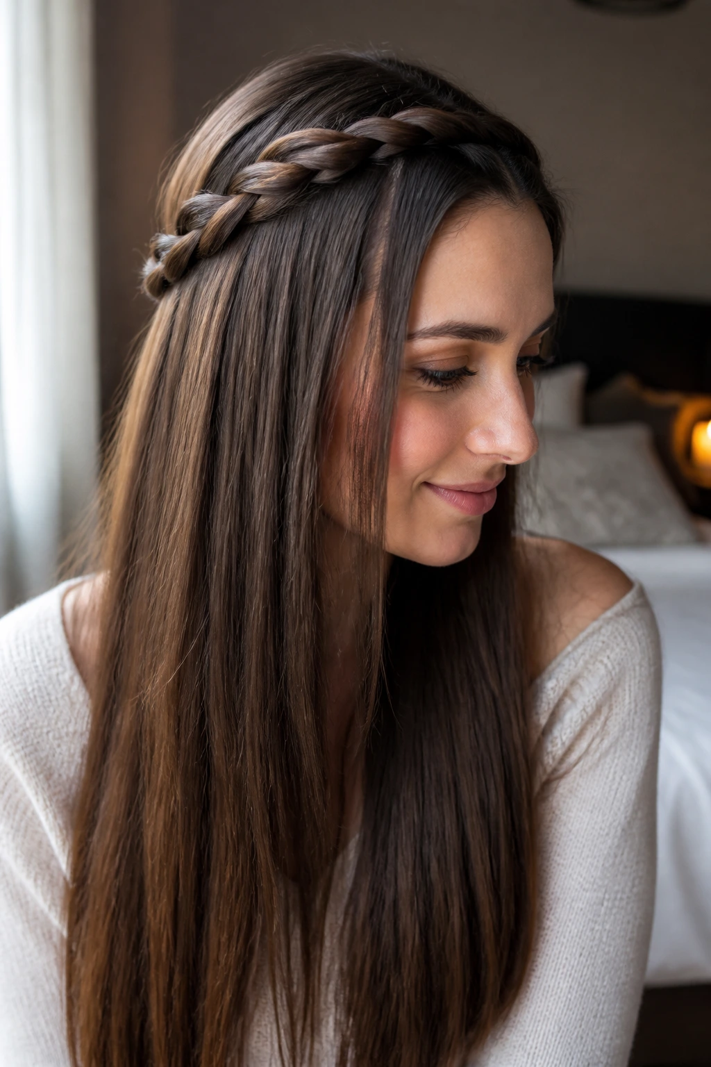 Close-up of a real woman with a rope-braid half-up hairstyle under warm window light