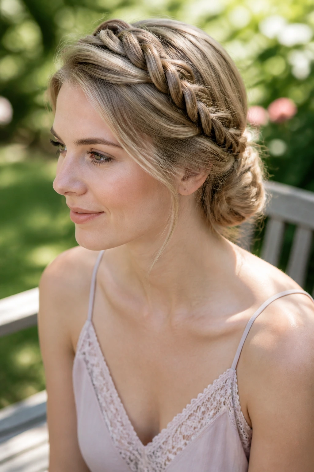 Close-up of a real woman wearing a rope-braid halo around the head with a low bun