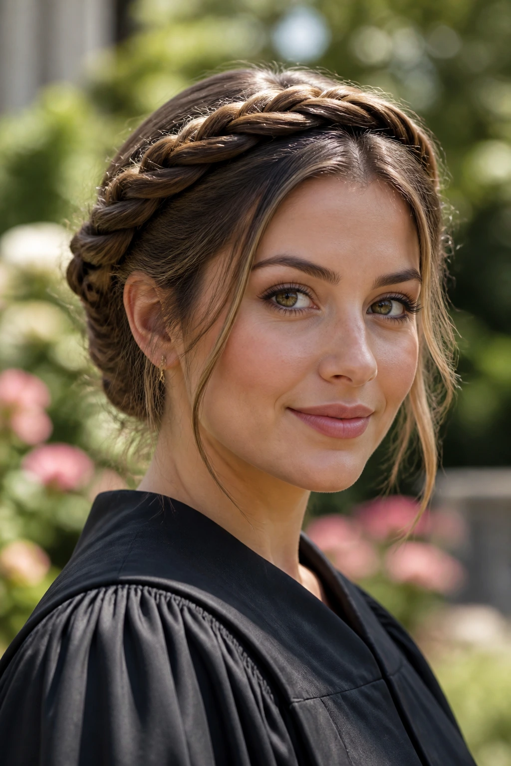 Portrait of a woman wearing a rope-braid halo hairstyle