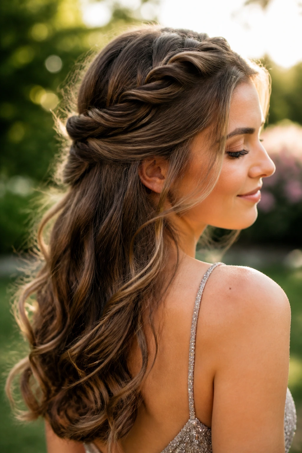 Real woman wearing rope braid halo half-up hairstyle with curls in an outdoor setting.