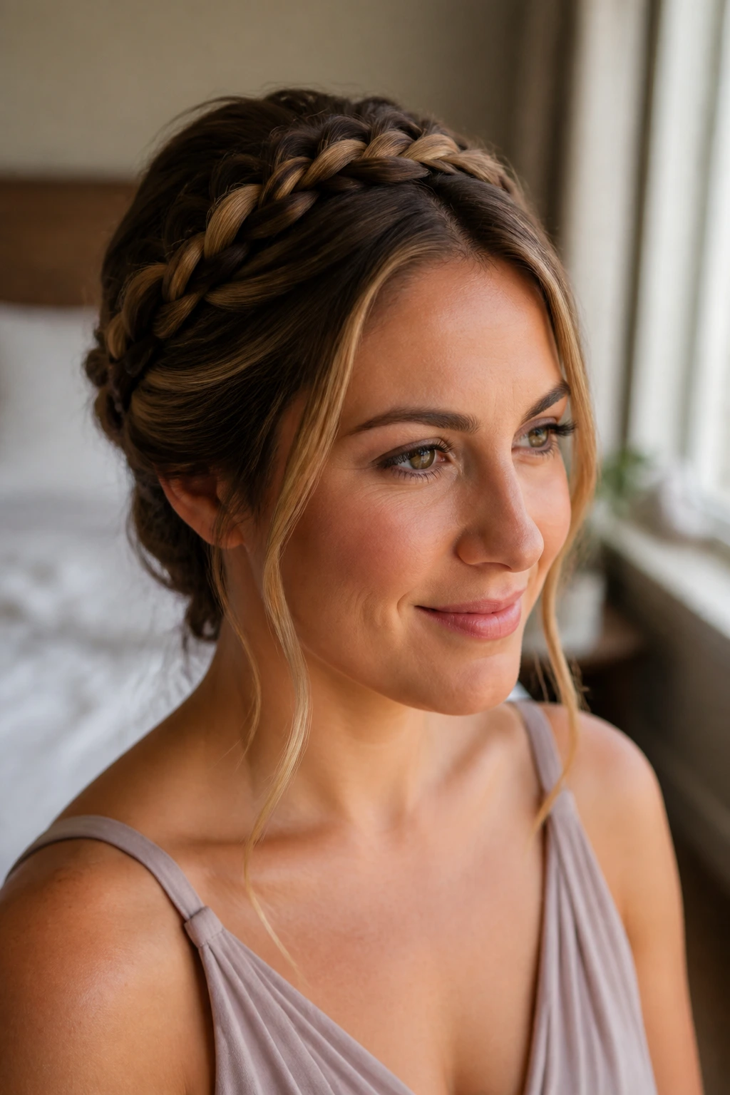 Close-up of a real woman wearing a rope-braid halo hairstyle with delicate tendrils.
