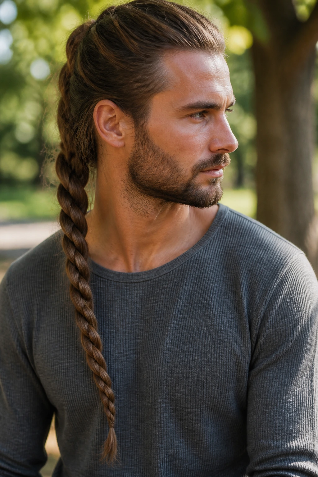 Man with a rope braid walking outdoors in a park with soft sunlight