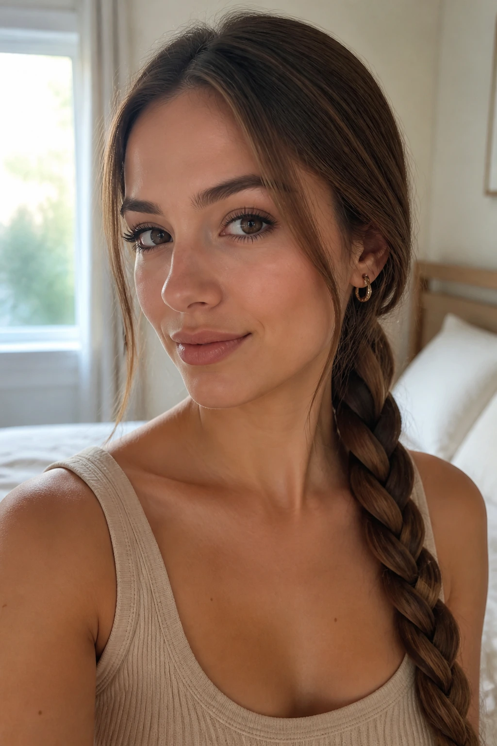 Close-up of a real woman with a rope braid over one shoulder in soft bedroom light