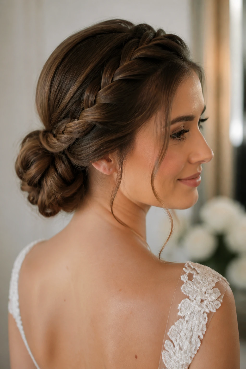 Bride with a rope-braid low bun at the nape