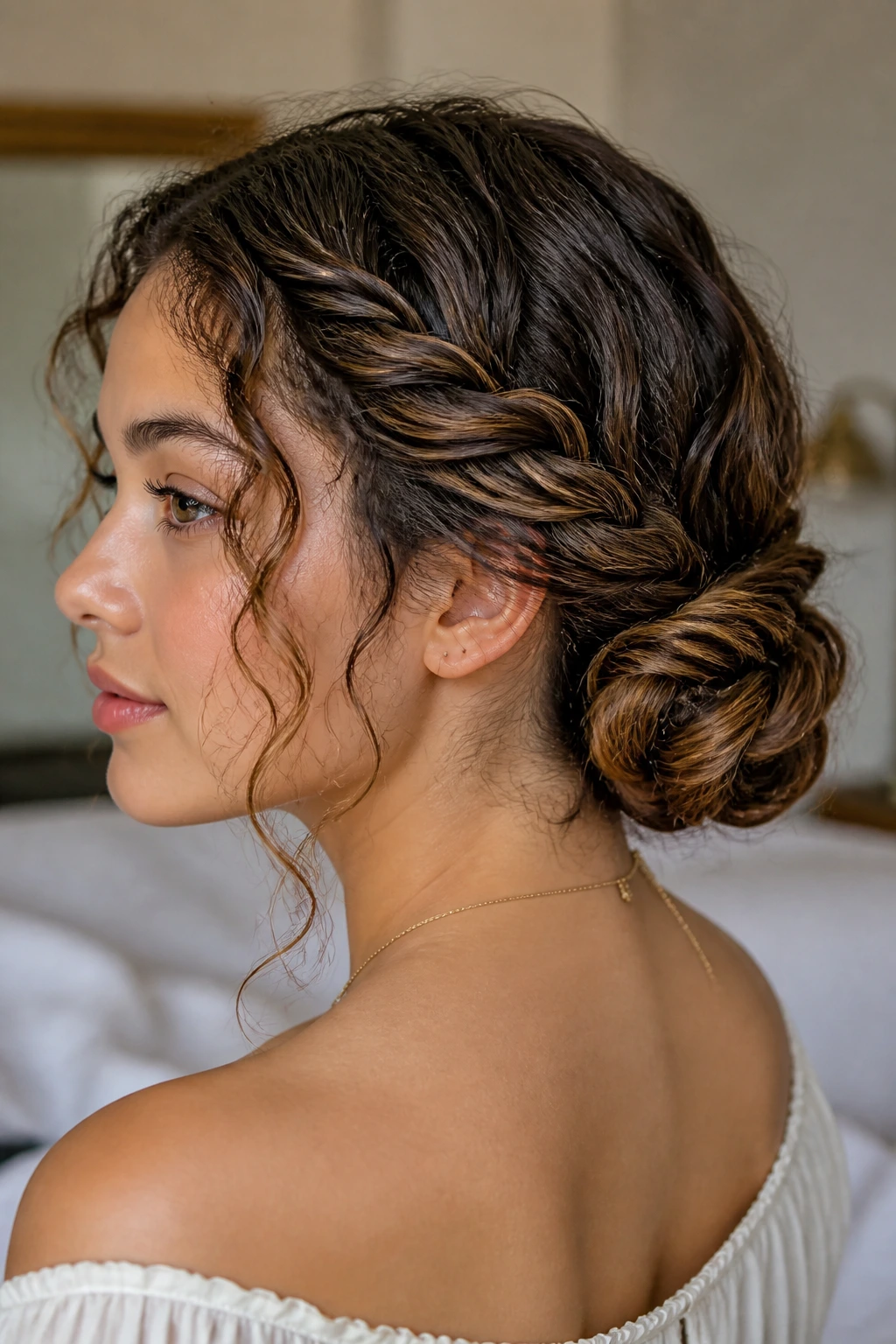 Close-up of rope-braid low bun on long curly hair