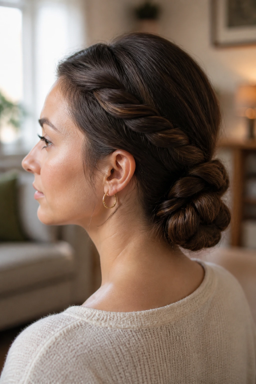 Close-up of a real woman with a rope braid low bun at the nape in warm window-light living room.
