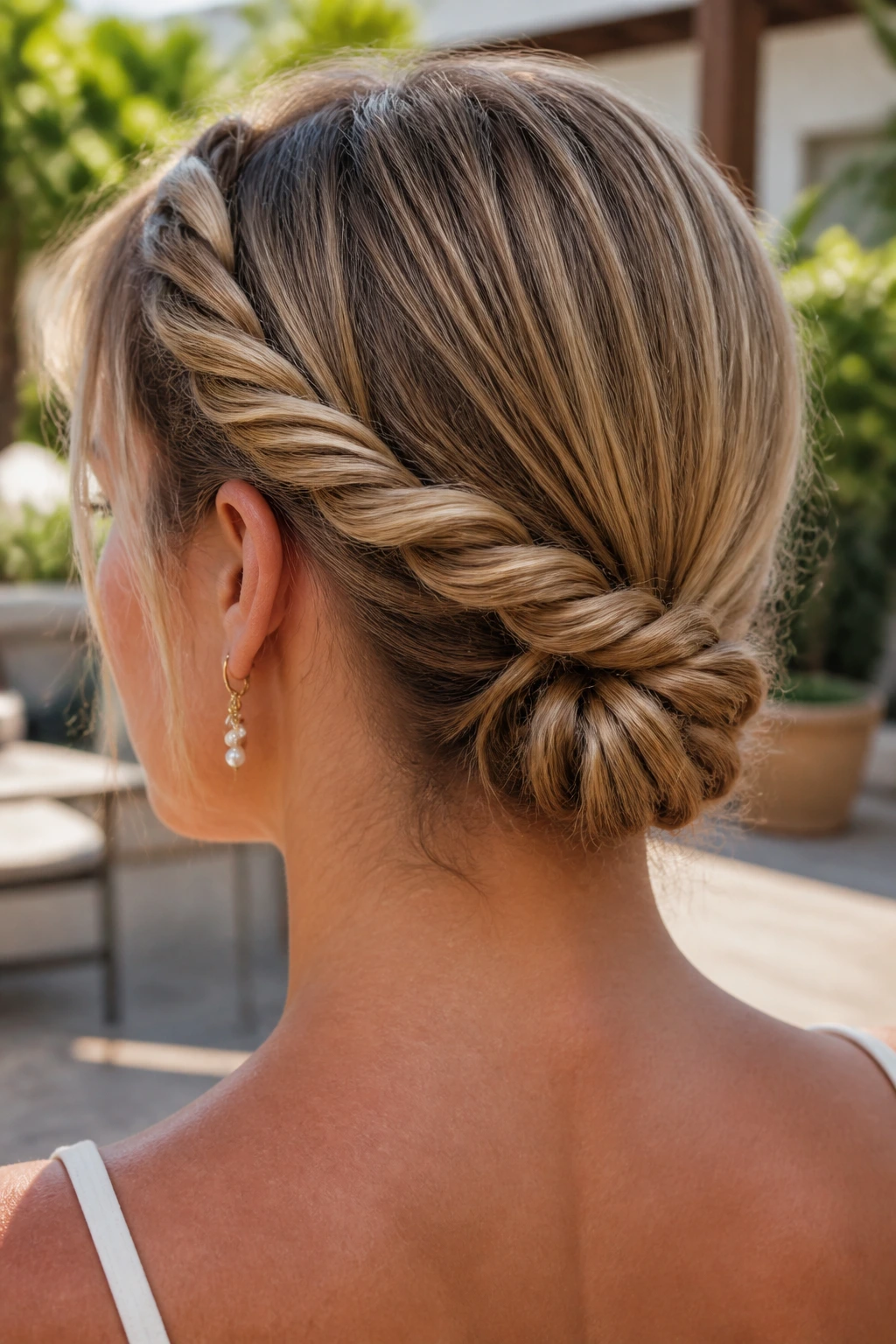 Portrait of a woman with a rope-braid low bun at the nape