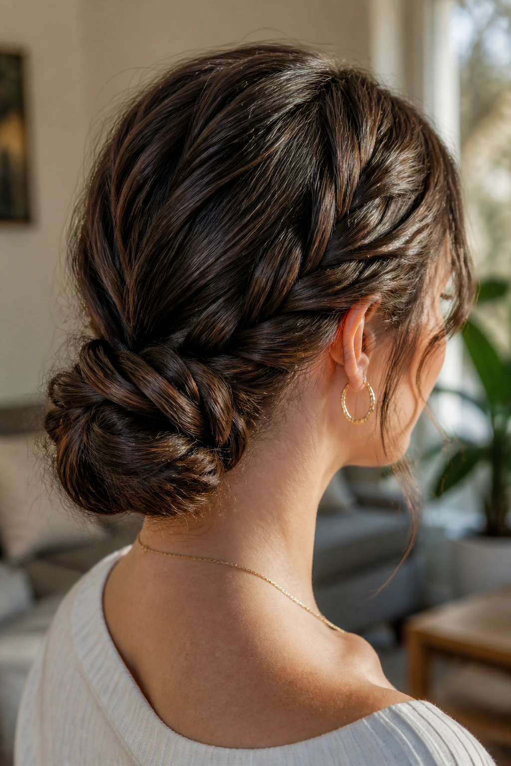 Close-up of a woman with a textured rope-braid low bun at the nape in natural light
