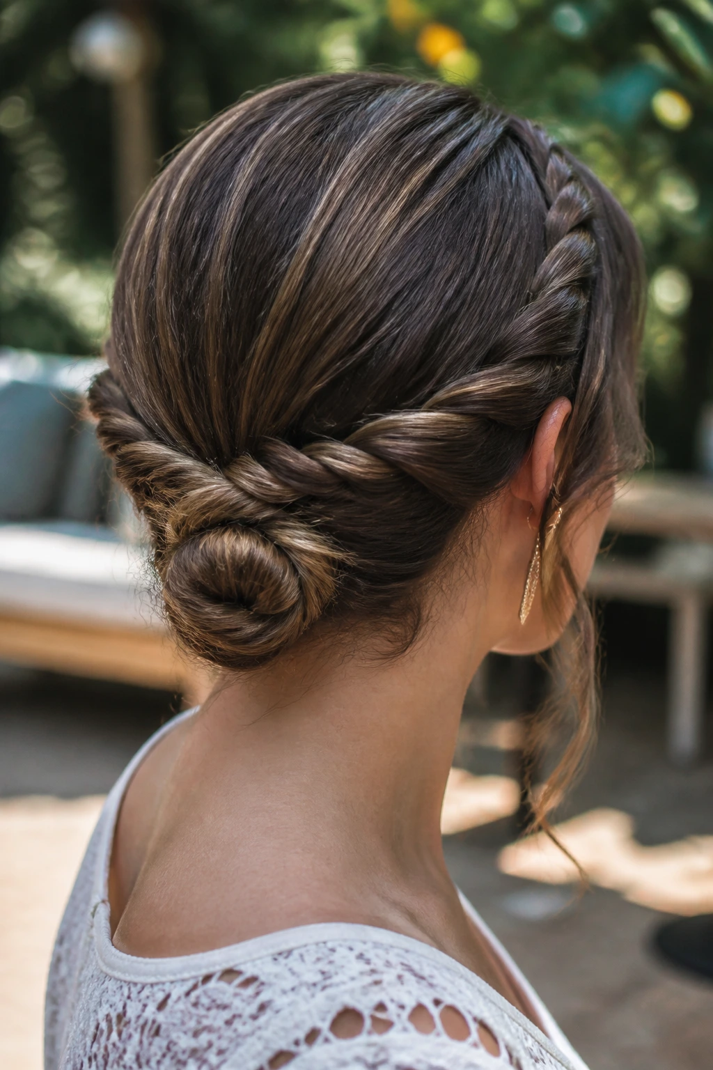 Portrait of a woman with a rope-braid low knot at the nape.