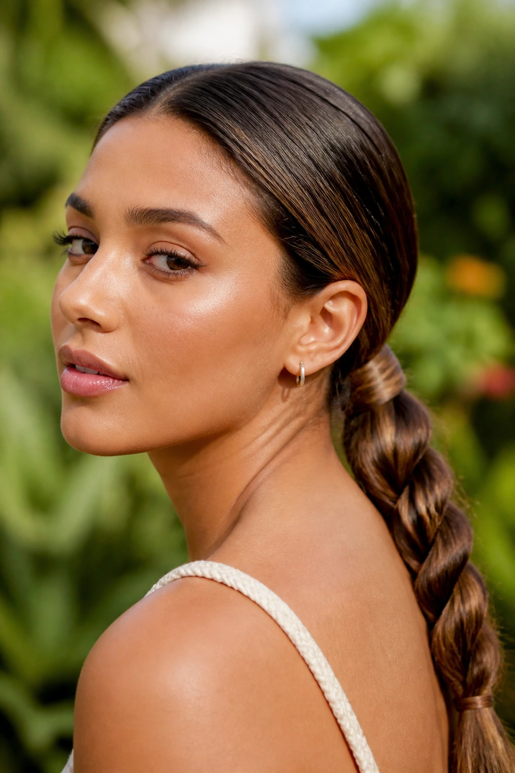 Close-up of a real woman with a rope braid low ponytail at the nape in outdoor garden light.