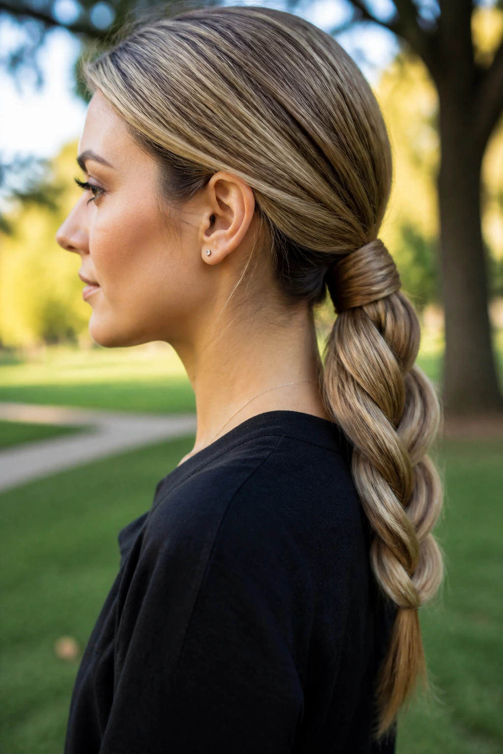 Side-profile of a real person with a rope braid into a low ponytail in daylight