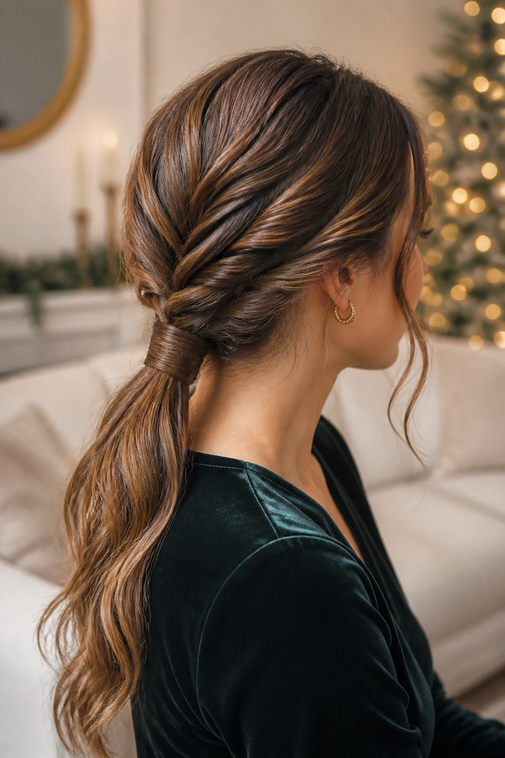 Portrait of a real woman with a rope braid low ponytail in a festive interior