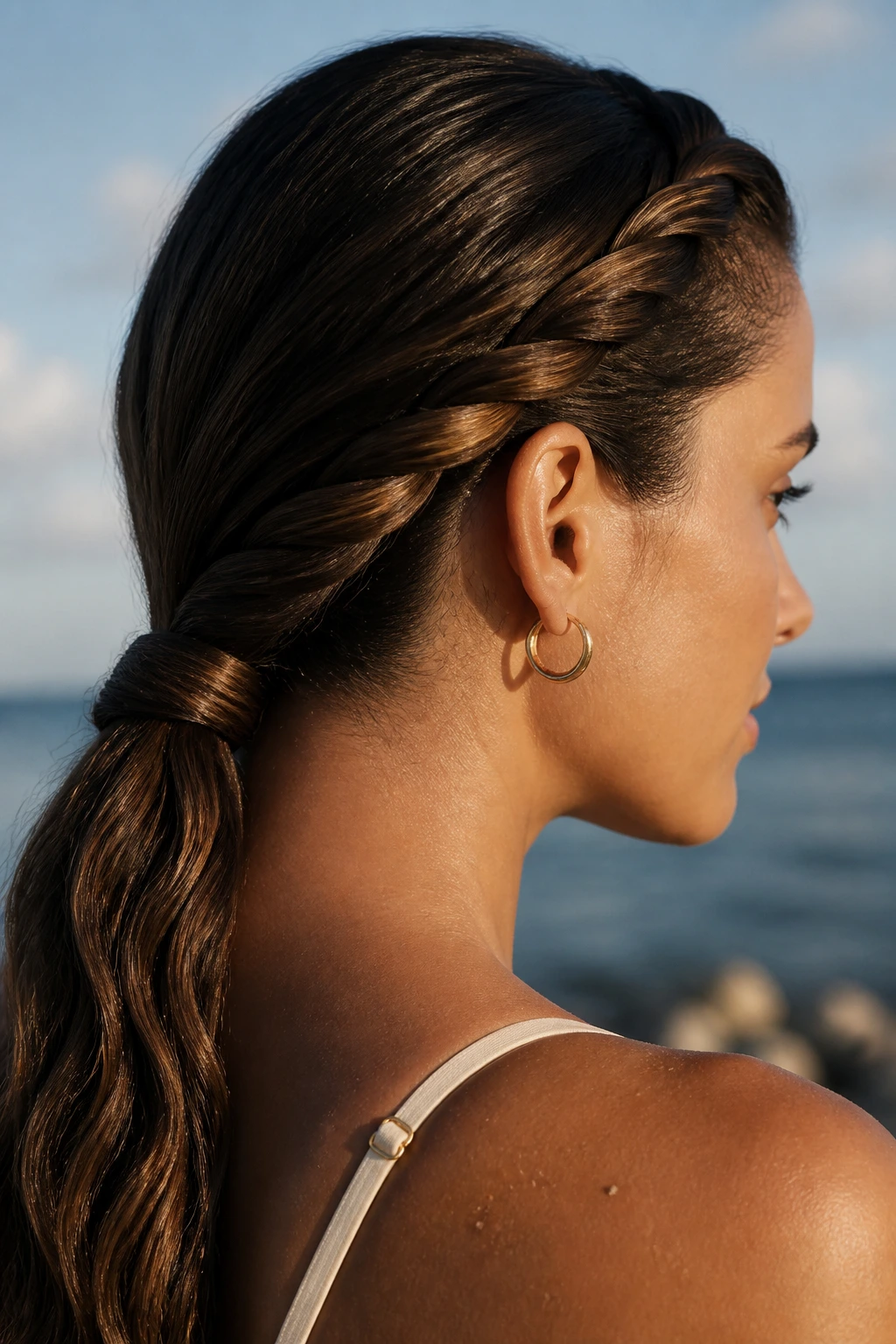 Close-up of a real woman with a rope braid low ponytail at the nape in a sunlit beach setting