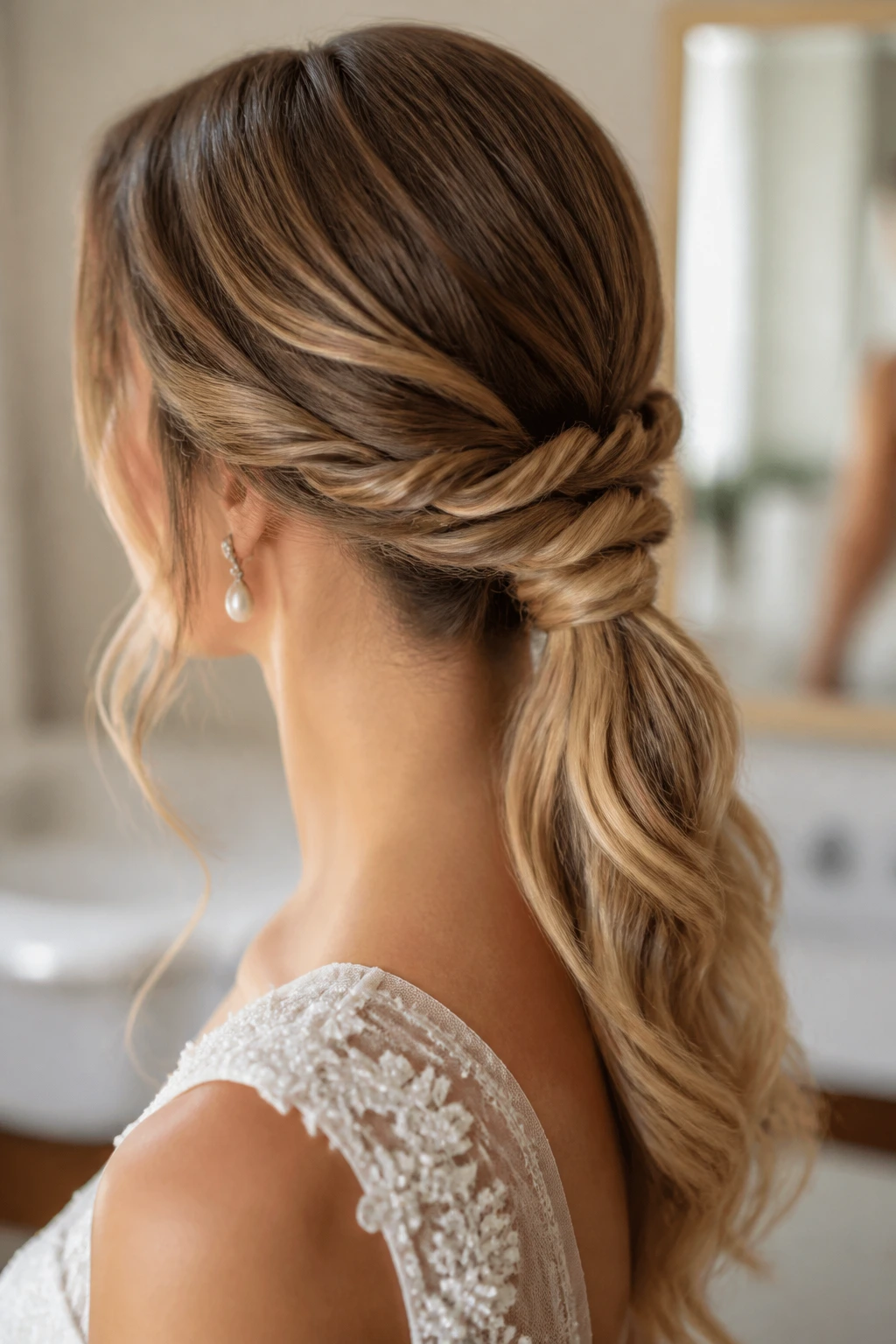 Real bride with a rope-braid low ponytail at the nape