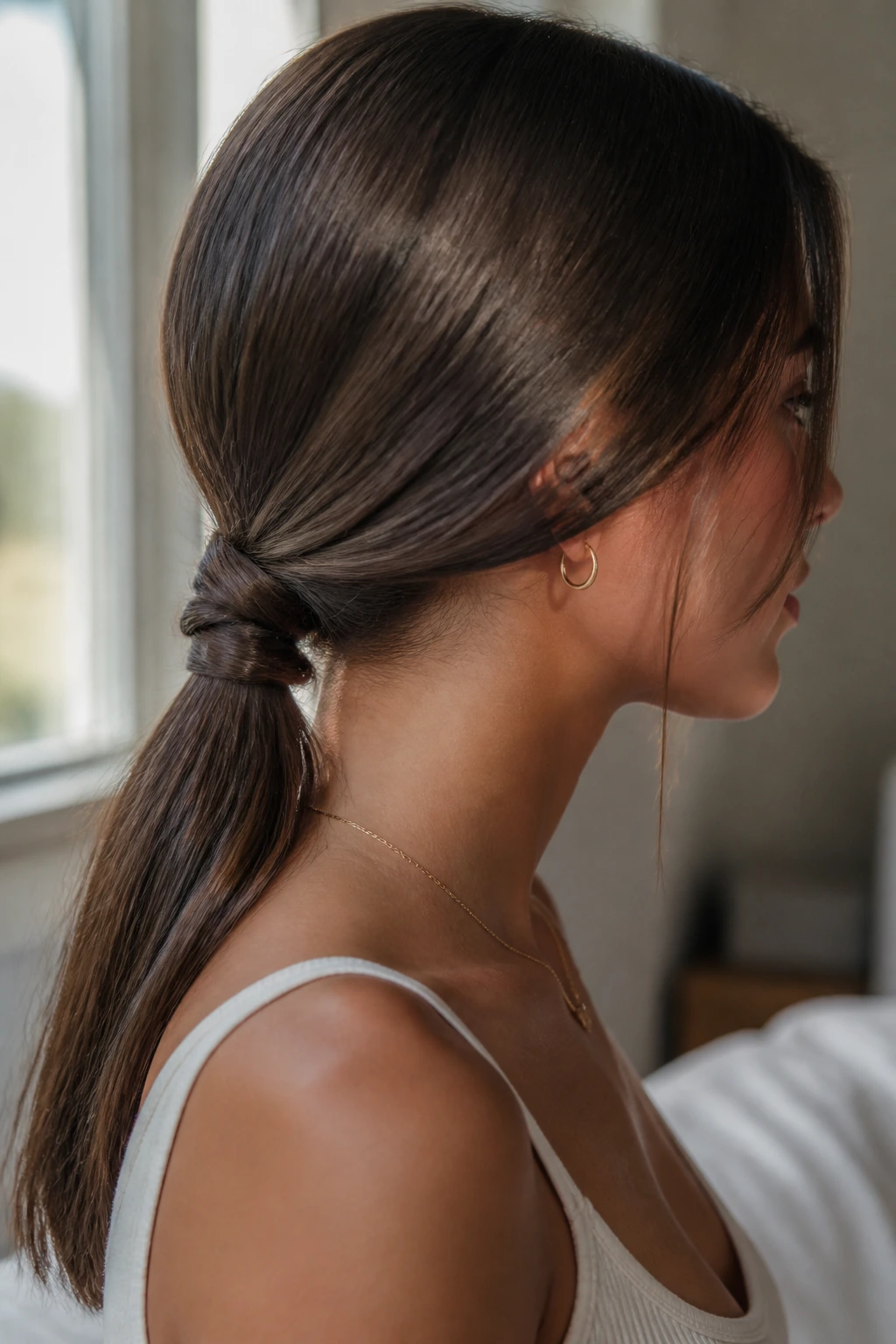 Close-up of a real woman with a rope-braid low ponytail hairstyle.