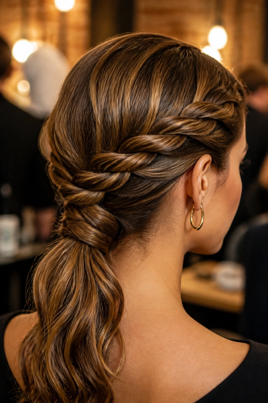Portrait of a woman with a rope-braid low ponytail in backstage lighting