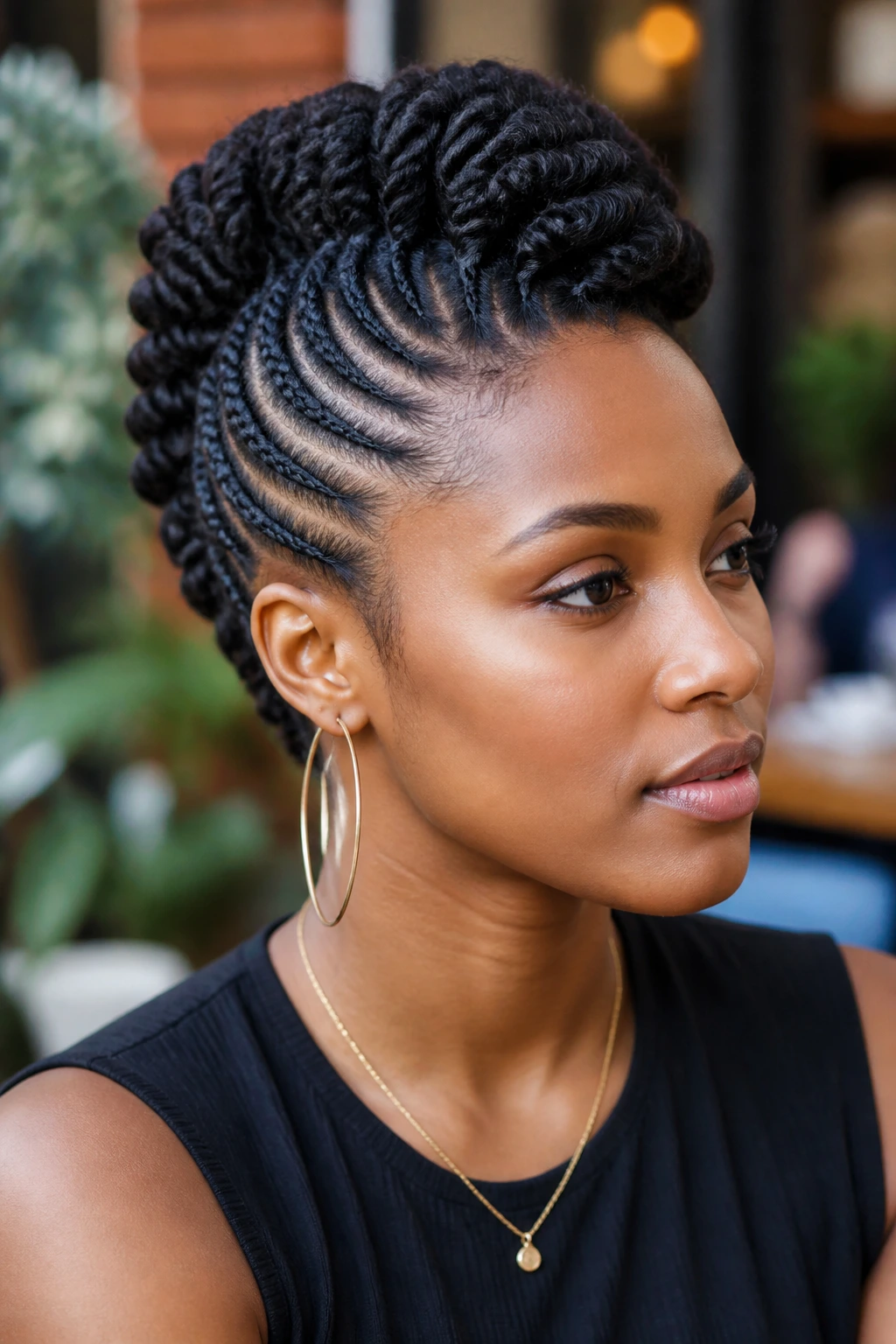 Close-up of a real person with Rope-Braid Mohawk hairstyle.