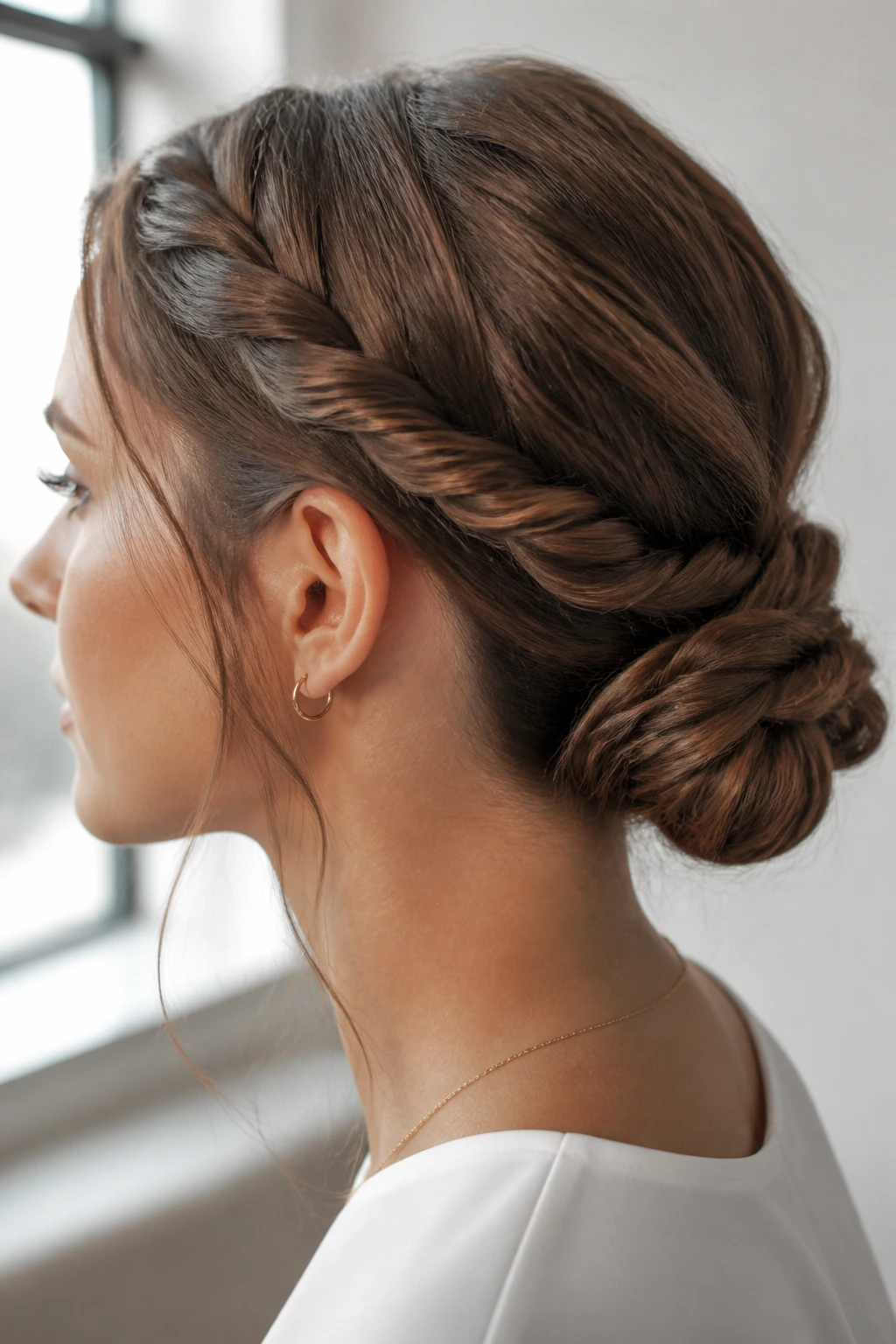 Close-up of a rope-braid bun at the nape