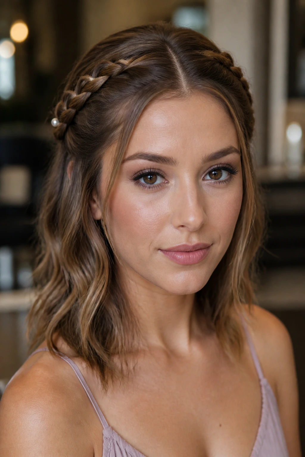 Close-up of a real woman with rope-braid half-up and pearl pins