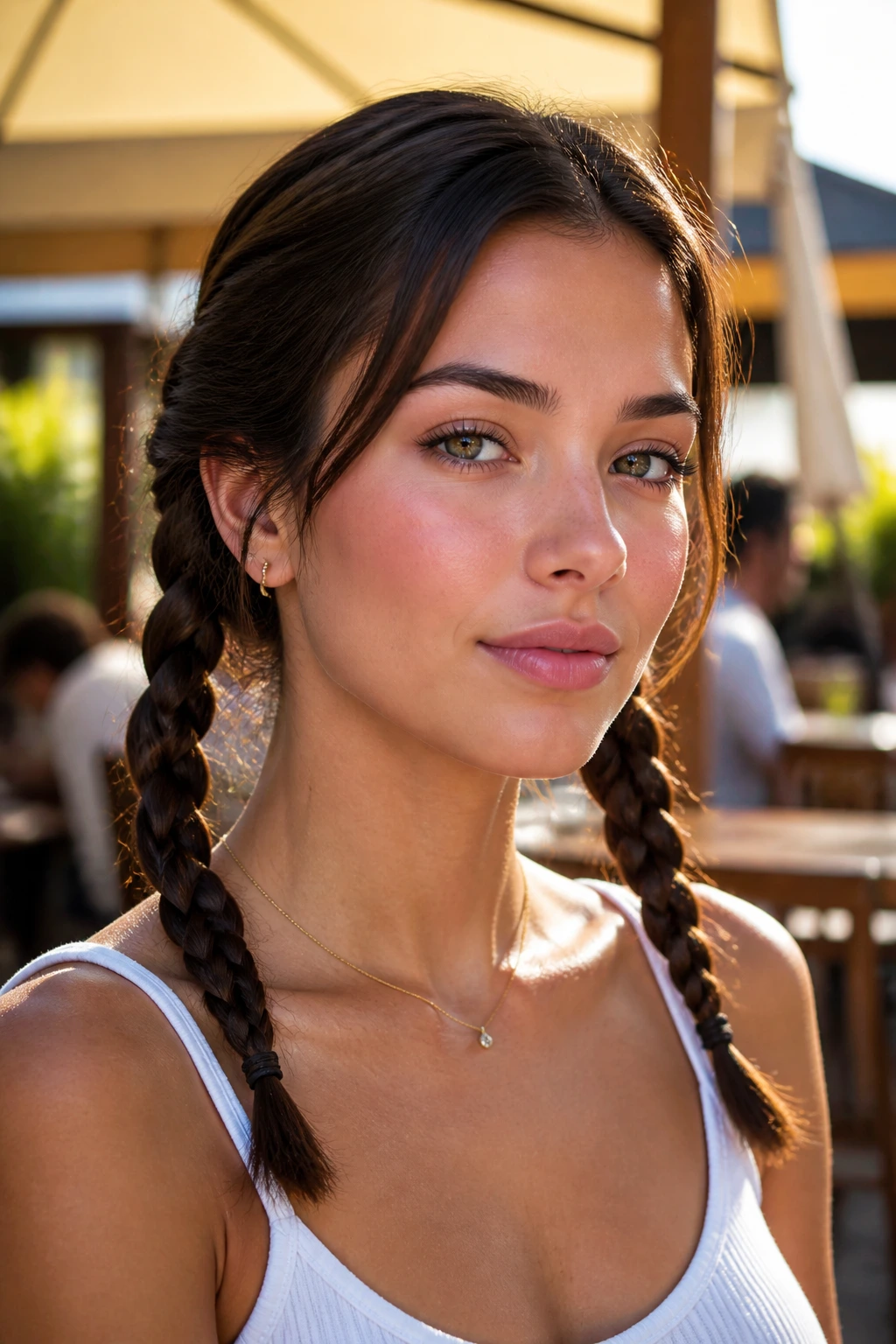 Close-up of a real woman with rope-braid pigtails behind the ears