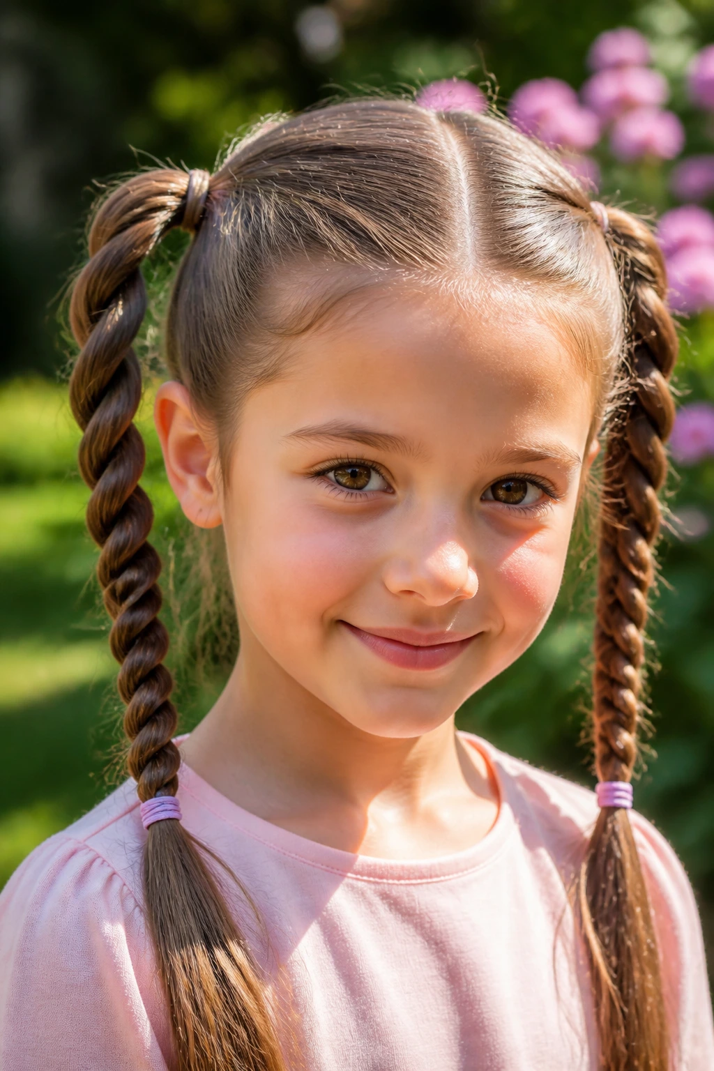 Close-up of a child with rope braids in an outdoor garden