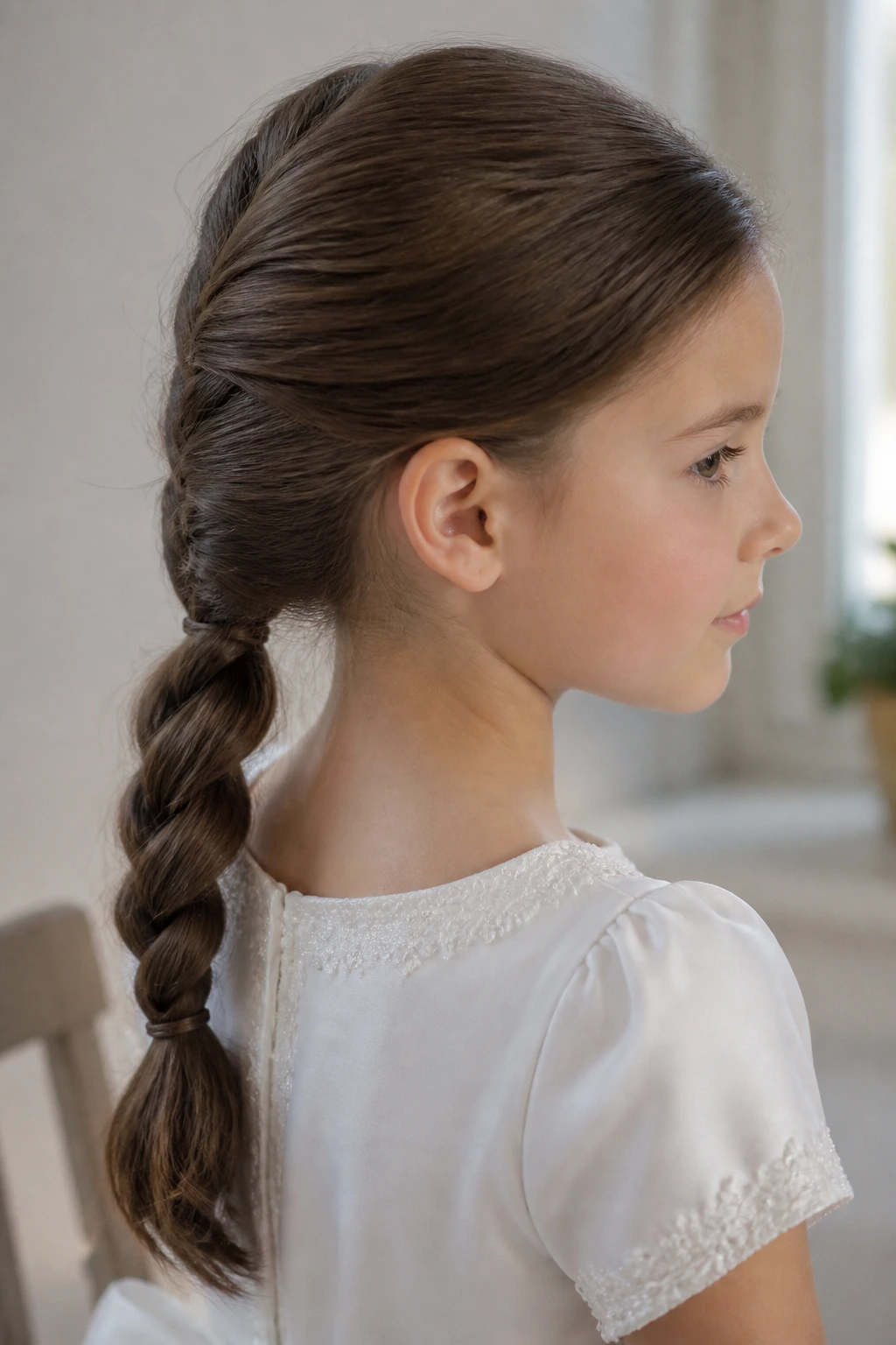 Close-up of a girl with a rope-braid ponytail and calm, neat finish.