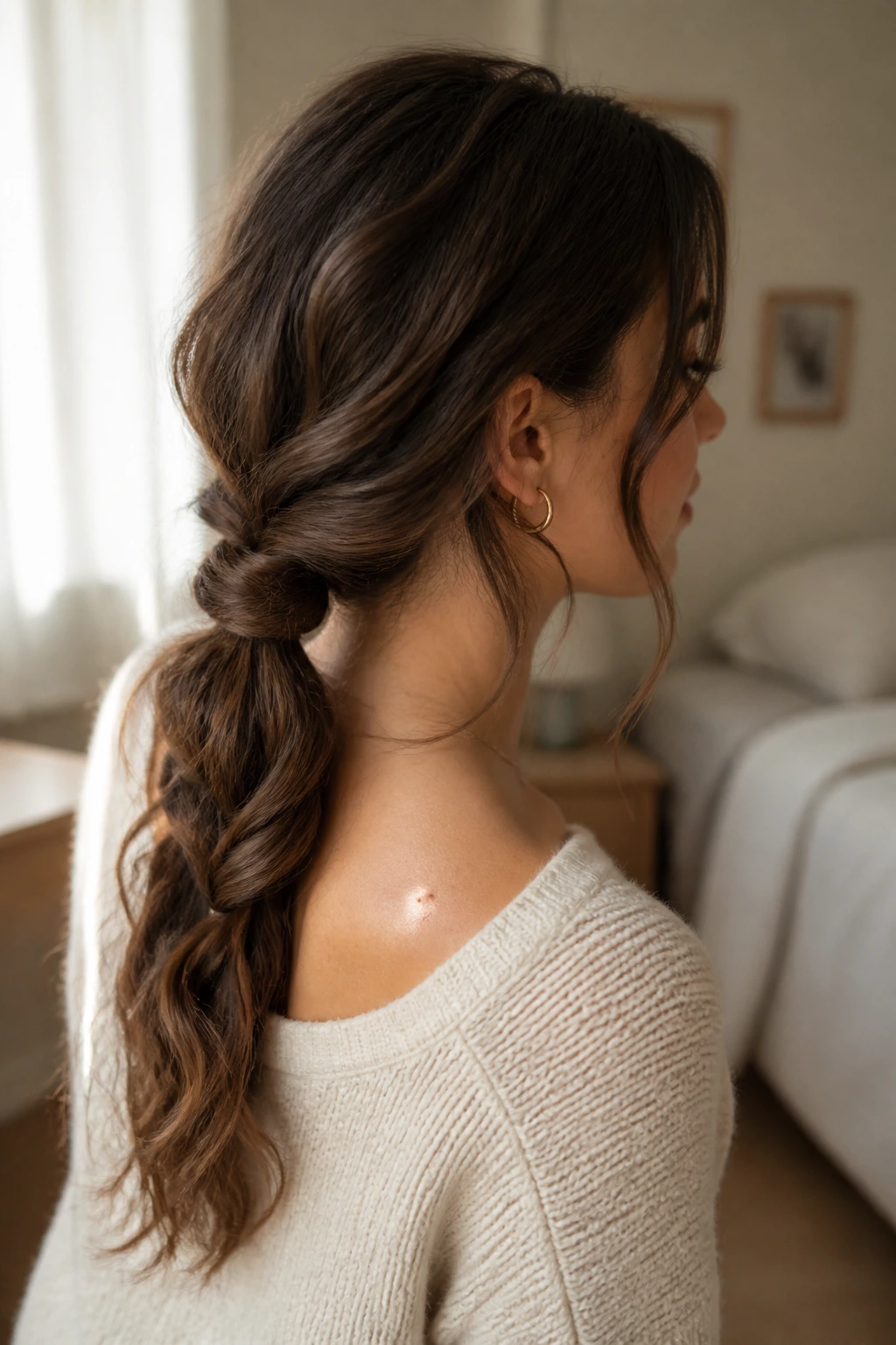 Close-up portrait of a real woman with a rope-braid low pony at the nape with soft light