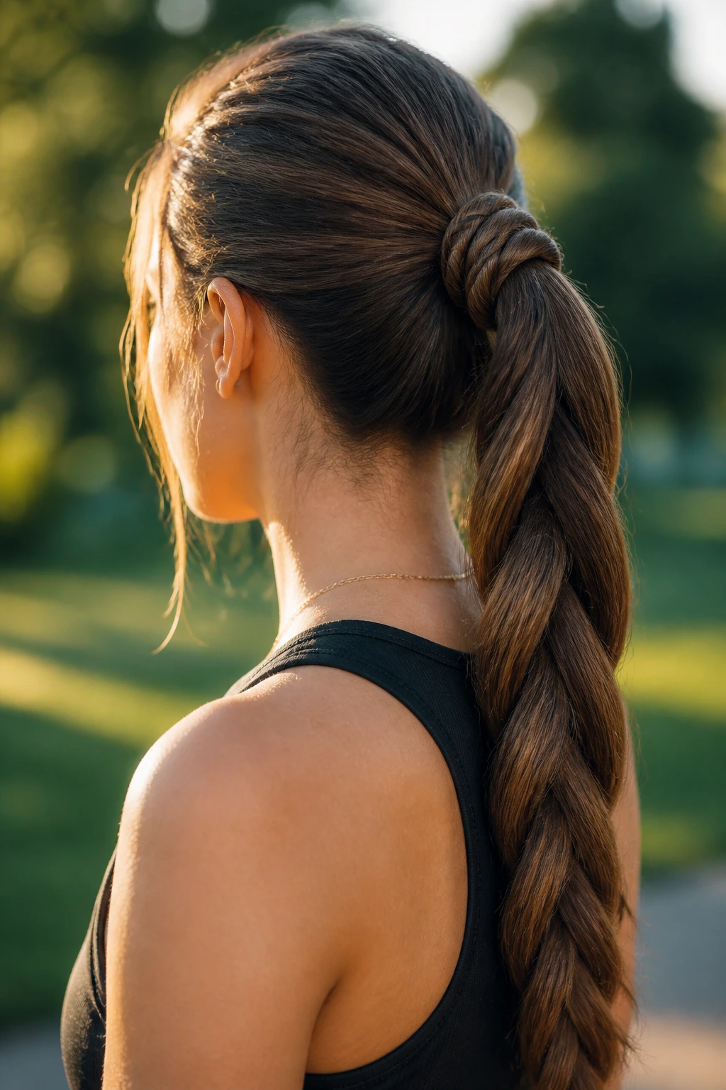 Three-quarter back view of rope-braid ponytail on a real woman