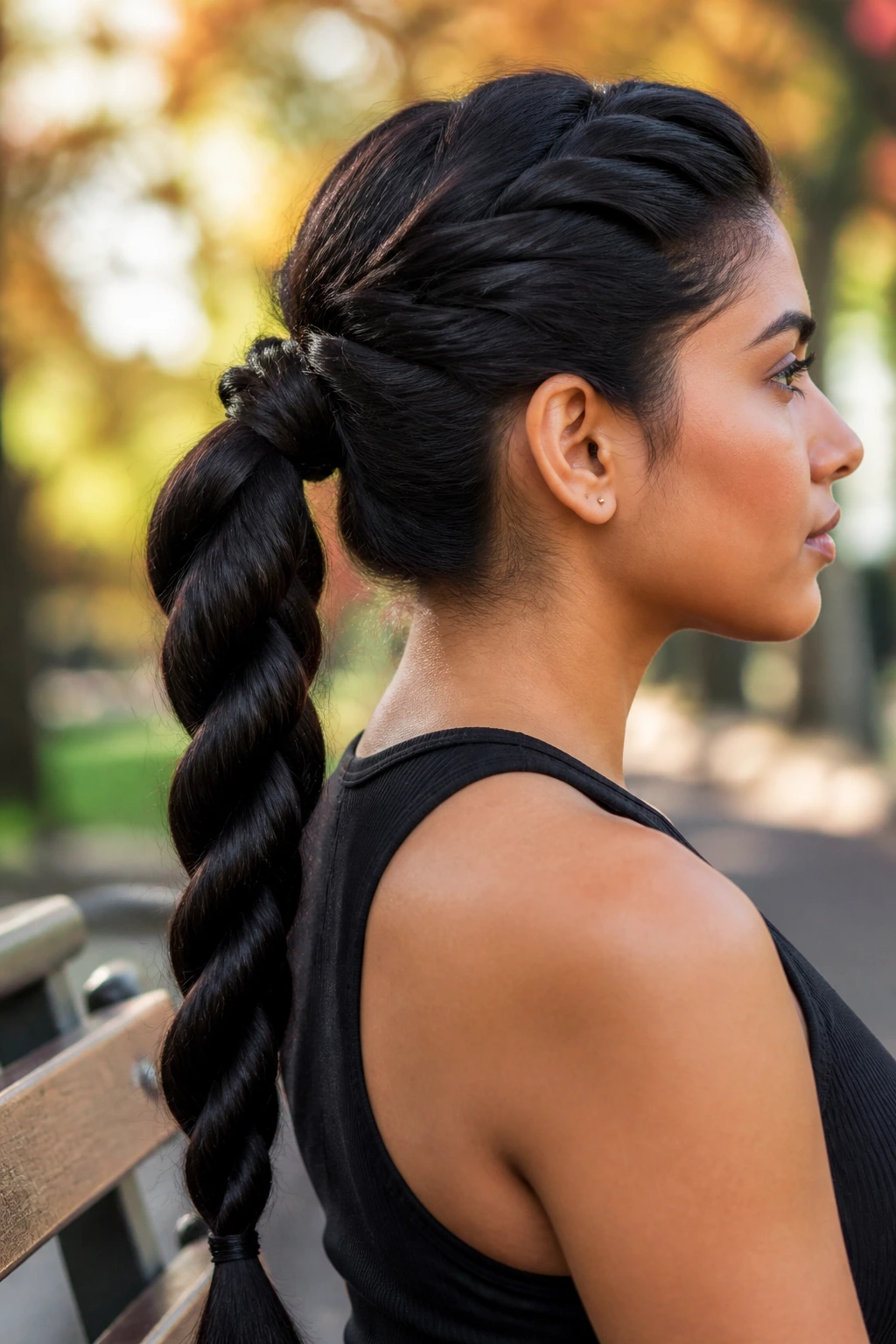 Profile of a real woman with a rope-braid ponytail