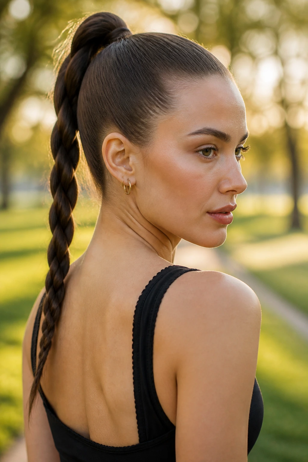 Close-up of a woman with a rope-braid high ponytail in a park at golden hour