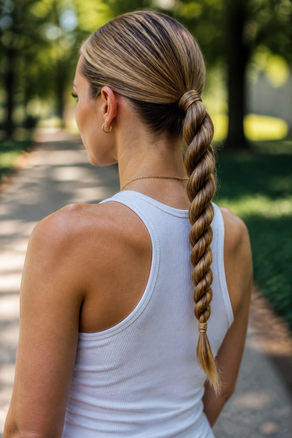 Three-quarter view of a woman with a rope braid ponytail down the back.