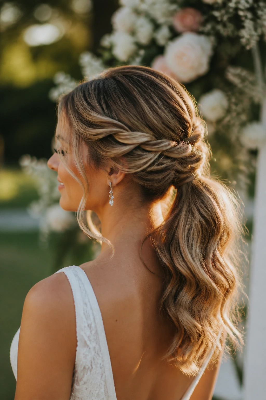 Bride with a loose rope-braid ponytail in a garden during golden hour