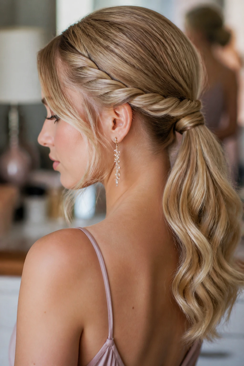 Close-up of a real woman with a rope-braid low ponytail in a bridal setting.