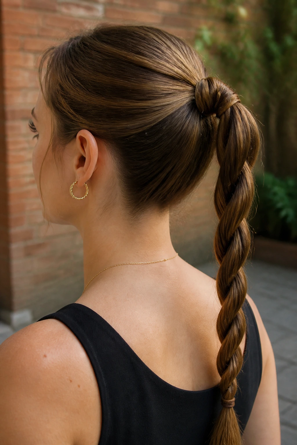 Real woman with rope-braid ponytail close-up