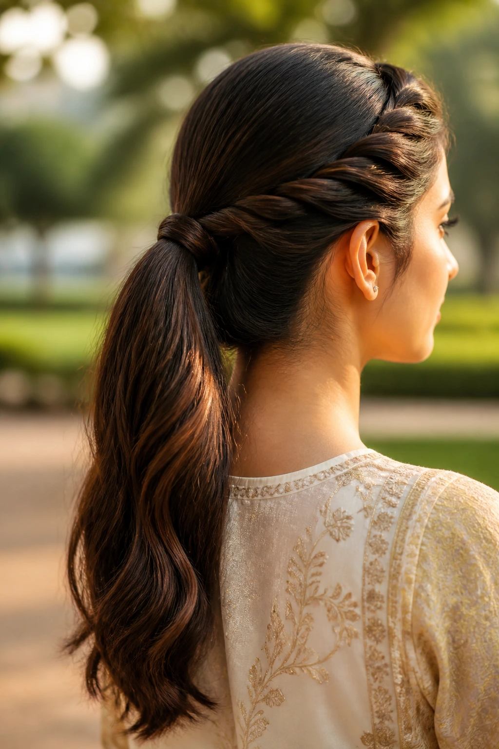 Close-up of a woman with a rope braid ponytail