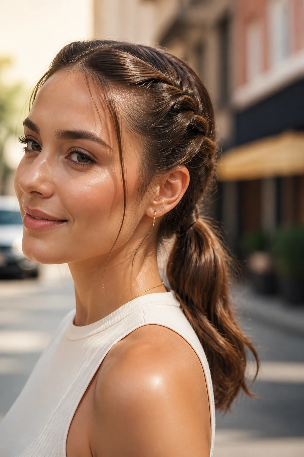 Close-up portrait of a woman with a rope braid ponytail