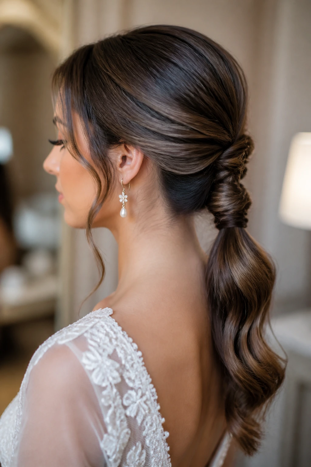 Close-up of a bride with rope-braid low ponytail
