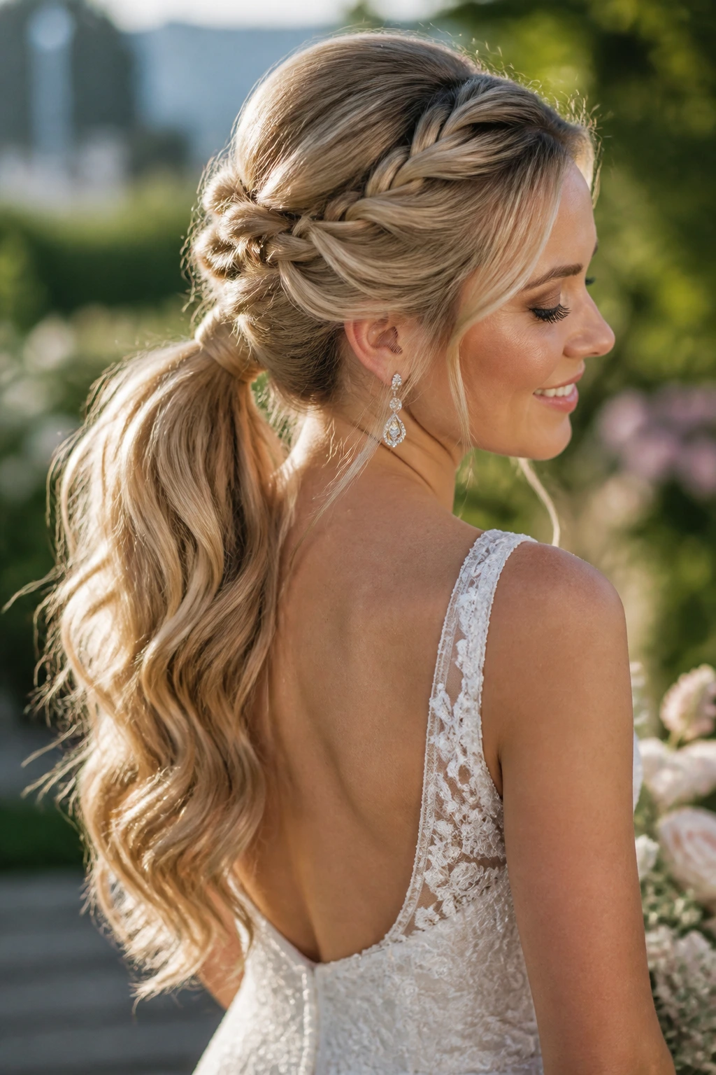 Close-up of a real bride with a rope-braid ponytail and subtle motion
