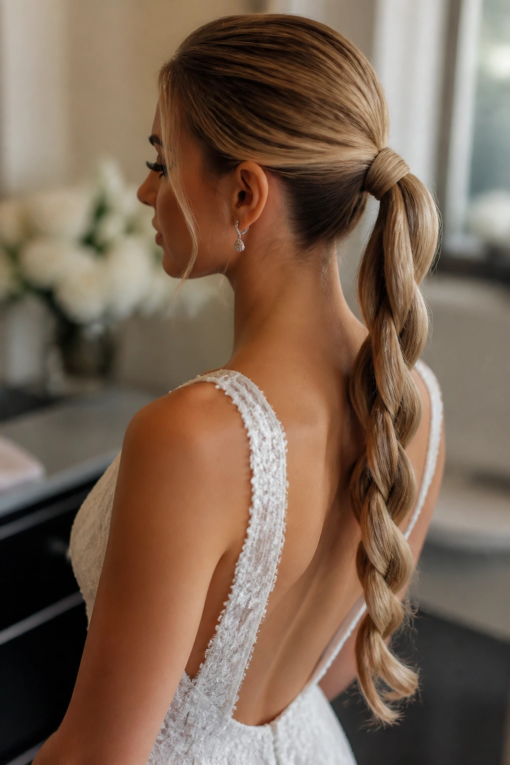 Close-up of a bride with a rope braid ponytail